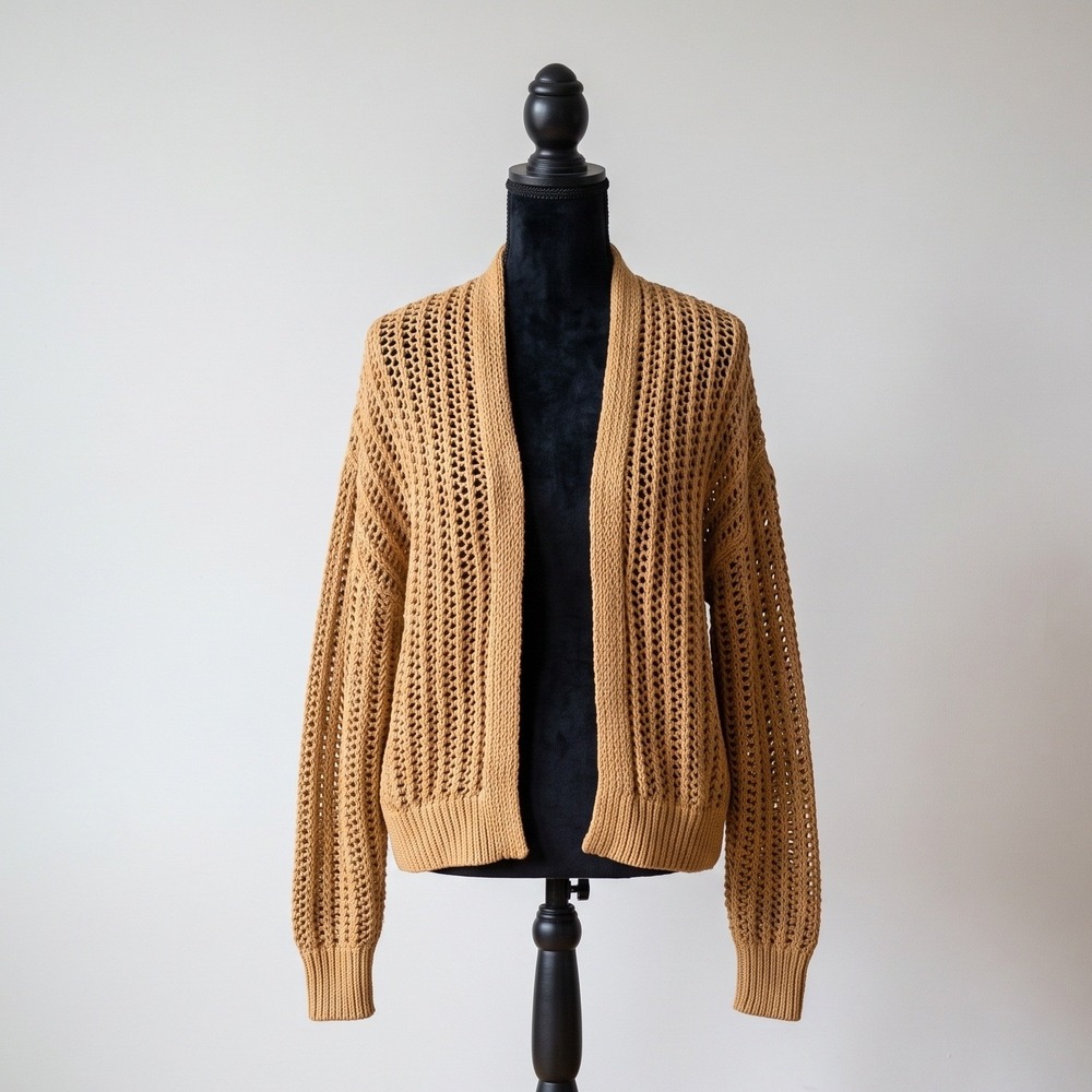 WHITE + WARREN Organic Cotton Open Knit Cardigan Camel Tan Medium Capsule $335